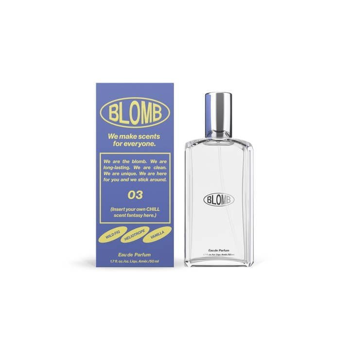 A clear bottle of No.03 Eau de Parfum by Blomb stands beside a blue and yellow box highlighting the brand and scent, which features notes of vanilla perfume and heliotrope fragrance.