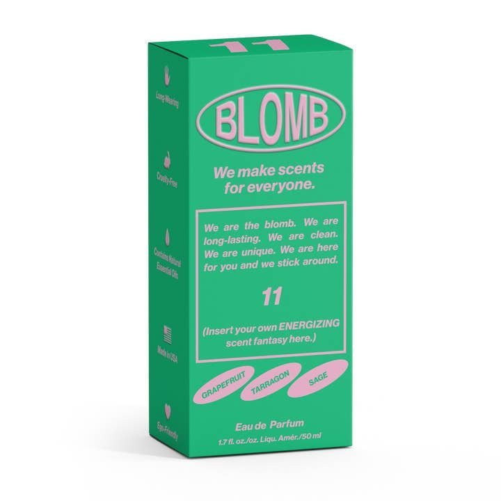 A green and pink "Blomb" box labeled No.11 Eau de Parfum features notes of grapefruit, tarragon, and sage, promising a long-lasting, clean, and refreshing natural scent.