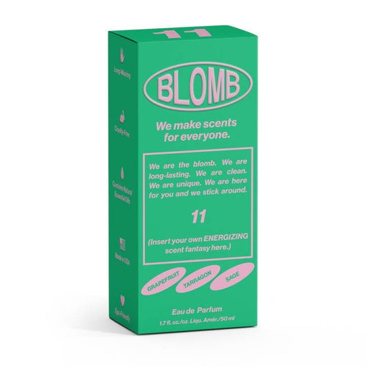 A green and pink No.11 Eau de Parfum box by Blomb, labeled "BLOMB," features a unique, energizing scent with grapefruit, tarragon, sage, and amber cognac notes for a long-lasting fragrance experience.