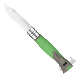 The Opinel No.12 Explore Folding Knife features a stainless steel blade, green and gray textured handle, safety ring, and integrated multi-tool with tick remover for versatile outdoor use.