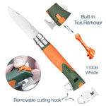 The Opinel No.12 Explore Folding Knife features an orange-green handle, built-in tick remover tool, 110dB whistle, removable cutting hook, and stainless steel blade—labeled for each function—ideal for outdoor adventures.