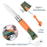 The Opinel No.12 Explore Folding Knife features an orange-green handle, built-in tick remover tool, 110dB whistle, removable cutting hook, and stainless steel blade—labeled for each function—ideal for outdoor adventures.