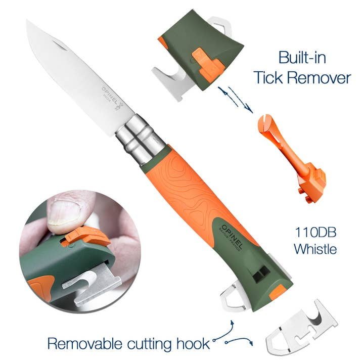 The Opinel No.12 Explore Folding Knife features an orange-green handle, built-in tick remover tool, 110dB whistle, removable cutting hook, and stainless steel blade—labeled for each function—ideal for outdoor adventures.