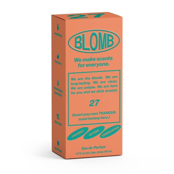 No. 27 Eau De Parfum by Blomb comes in an orange rectangular box with turquoise text. Scent notes include Mysore Sandalwood, coconut, and leather accord. The front reads: "We make scents for everyone.
