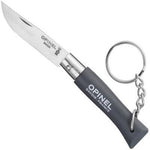 The Opinel No. 4 Stainless Steel Folding Knife features a black handle, stainless steel blade, and keychain ring—ideal for everyday carry.