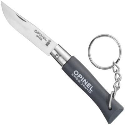 The Opinel No. 4 Stainless Steel Folding Knife features a black handle, stainless steel blade, and keychain ring—ideal for everyday carry.