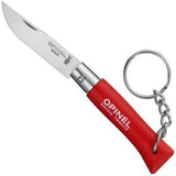 The Opinel No. 4 Stainless Steel Folding Knife, with its red handle and keychain attachment, is compact and ideal for everyday carry, shown here partially open.
