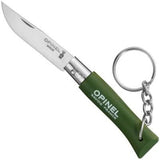 The Opinel No. 4 Stainless Steel Folding Knife features a green handle, keychain attachment, and visible Opinel branding on both the handle and partially open blade—compact and ideal for everyday carry.