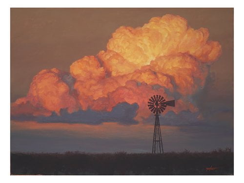 A windmill silhouette stands before a vivid sunset sky in "Not the Edge of the Earth, But You Can See It From There" by Texas artist Matt Tumlinson.