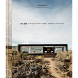 Book cover shows a modern black house in a desert under a blue sky. Title: "Oasis" by Penguin, highlighting modern desert living and stunning home design worldwide.