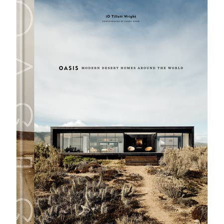 Book cover shows a modern black house in a desert under a blue sky. Title: "Oasis" by Penguin, highlighting modern desert living and stunning home design worldwide.