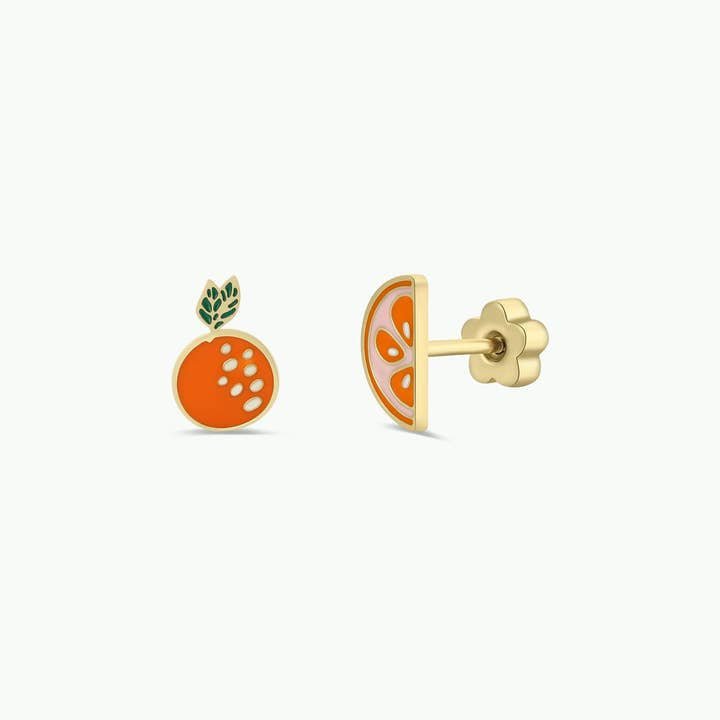The JaxKelly Orange Enamel Flat Stud Earrings feature mismatched orange fruit designs and are hypoallergenic—perfect for kids and those with sensitive ears.