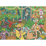 The Party Down puzzle by Birdie Puzzles features animals in Western outfits playing music and relaxing in a vibrant, fruit-filled forest—adding lively charm to your collection.