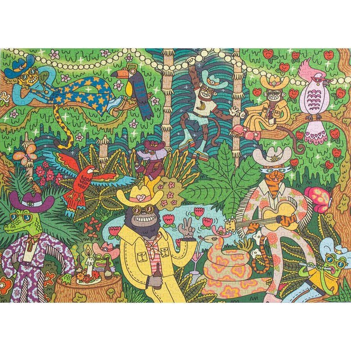 The Party Down puzzle by Birdie Puzzles features animals in Western outfits playing music and relaxing in a vibrant, fruit-filled forest—adding lively charm to your collection.