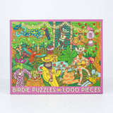 Party Down by Birdie Puzzles is a 1000-piece puzzle featuring cartoon animals in vibrant outfits playing music and dancing in a lively forest, proudly made in the USA.