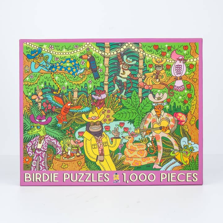 Party Down by Birdie Puzzles is a 1000-piece puzzle featuring cartoon animals in vibrant outfits playing music and dancing in a lively forest, proudly made in the USA.
