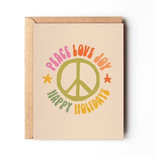 Send holiday cheer with the "Peace Love Joy 70's Style" Christmas card by Daydream Prints—a retro design featuring a bold green peace symbol and colorful "Peace Love Joy" and "Happy Holidays" lettering.
