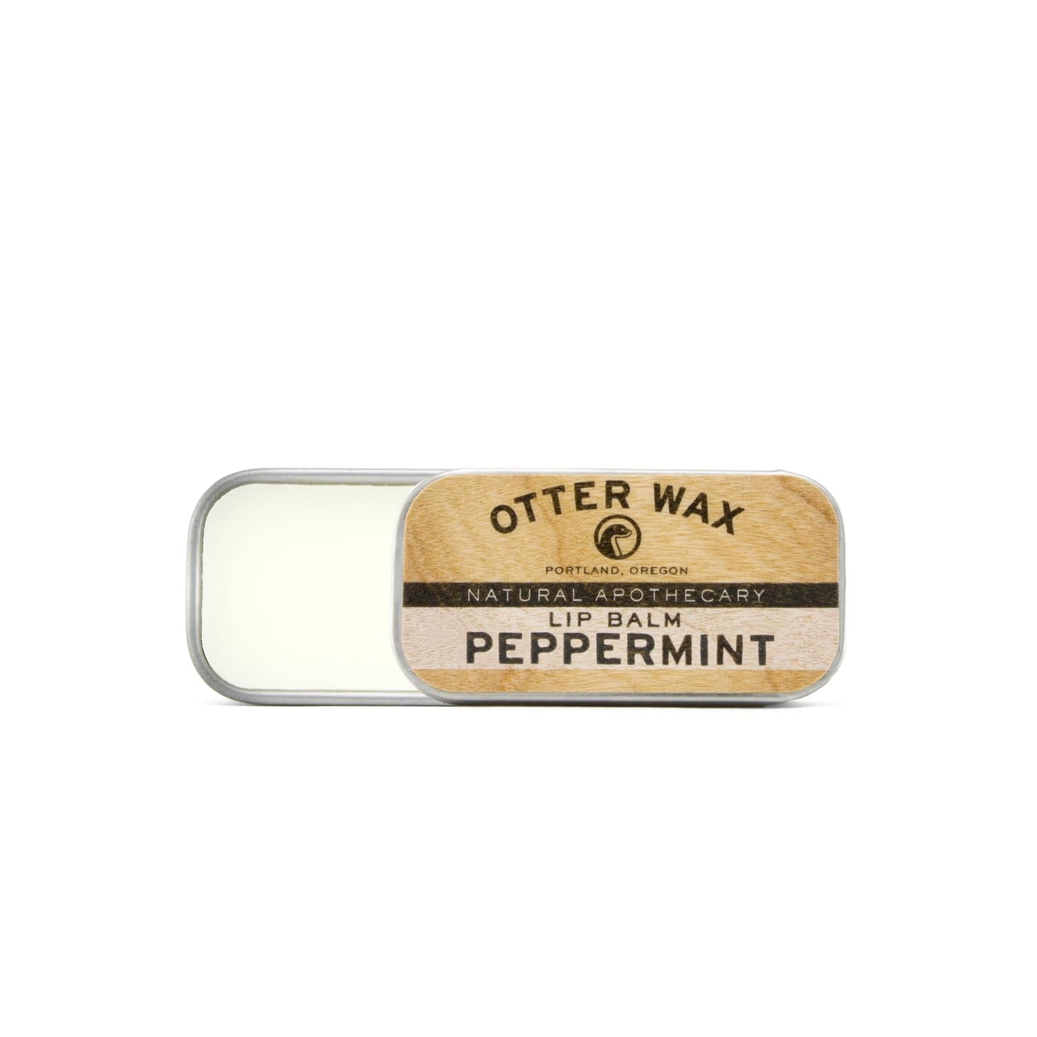 A rectangular tin of Otter Wax Peppermint Lip Balm is shown with its lid partially open, revealing the natural balm inside.