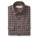 The Duck Head Performance Flannel Sport Shirt is a long-sleeve, button-up plaid shirt in gray, red, and blue with two chest pockets and a Duck Head label on the collar.