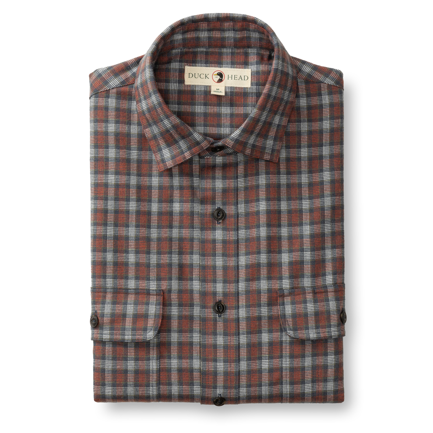 The Duck Head Performance Flannel Sport Shirt features gray, blue, and red plaid with black buttons and two front pockets, displayed folded on a white background—ideal as a moisture-wicking outdoor hiking or everyday shirt.