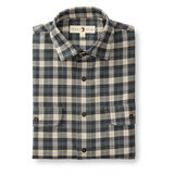 The Duck Head Performance Flannel Sport Shirt features a plaid design in blue, beige, and brown, button front, two chest pockets with branding, and is crafted from soft, moisture-wicking flannel for all-day comfort.