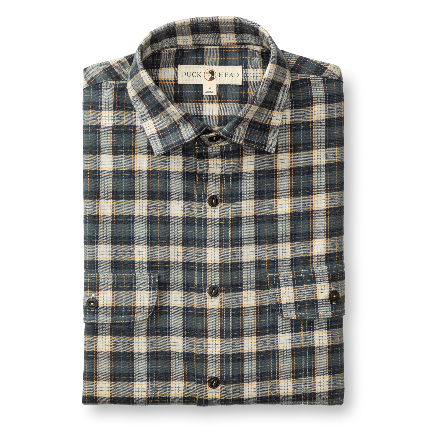 The Duck Head Performance Flannel Sport Shirt features a plaid design in blue, beige, and brown, button front, two chest pockets with branding, and is crafted from soft, moisture-wicking flannel for all-day comfort.