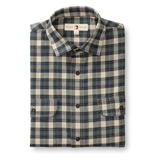 The Duck Head Performance Flannel Sport Shirt features a plaid design in blue, beige, and brown, button front, two chest pockets with branding, and is crafted from soft, moisture-wicking flannel for all-day comfort.