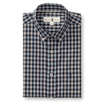 The Duck Head Performance Poplin Sport Shirt is a neatly folded, long-sleeve button-down featuring a blue, white, and beige plaid pattern with the Duck Head brand label inside the collar.