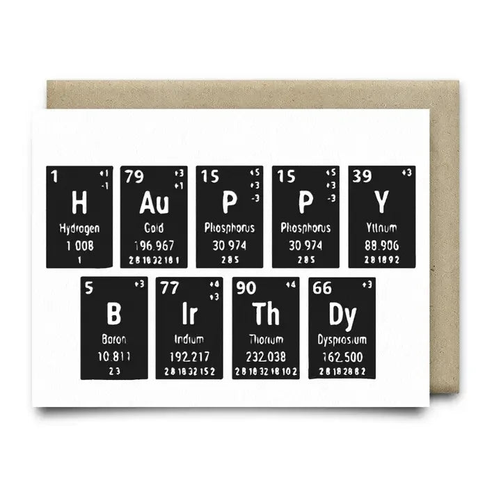The Periodic Birthday A2 card by Anvil Cards spells "Happy Birthday" with periodic table elements on black tiles, each showing the symbol, name, atomic number, and weight. Hand-drawn design printed on sustainable linen paper.