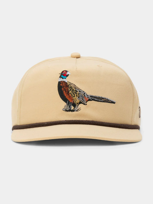 The Duck Camp Pheasant Hat features a tan design with brown trim, an embroidered pheasant on the front, and an adjustable snapback for a comfortable fit.