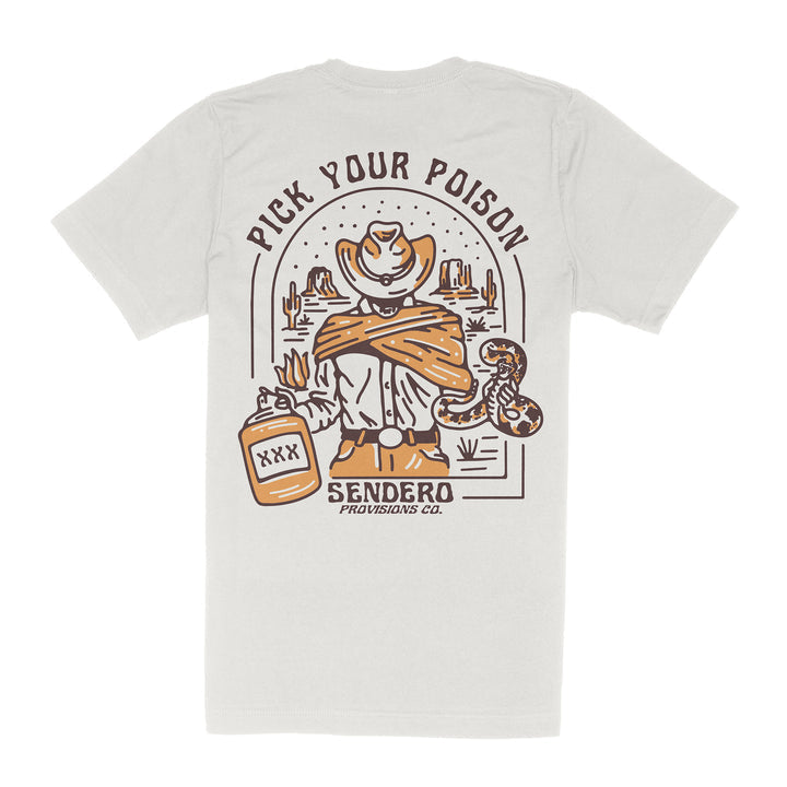 The Pick Your Poison | Sendero Provisions Co. T-shirt features a cowboy with a “XXX” bottle, rattlesnake, desert scene, and the phrases “PICK YOUR POISON” and “SENDERO PROVISIONS CO.” Soft-touch print ensures lasting comfort.