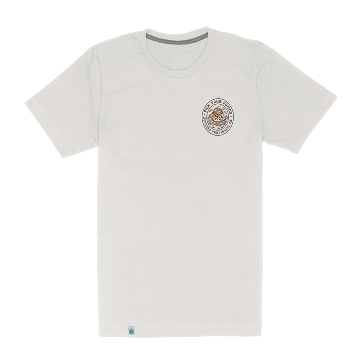 The Pick Your Poison t-shirt by Sendero Provisions Co. is made from plain white organic cotton, featuring a small circular logo with text and an illustrated tiger head on the left chest, plus a reinforced neck seam for comfort.