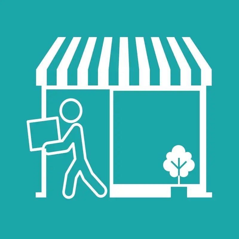 Teal icon showing a person carrying a box into a shop with a striped awning and plant—ideal for promoting Pickup Instore by Ballad of the Bird Dog.
