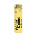 Poppy & Pout Lip Balm in a yellow cylindrical tube with floral top; hand-poured, natural, and cruelty-free for soft lips.