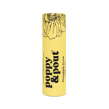Poppy & Pout Lip Balm in a yellow cylindrical tube with floral top; hand-poured, natural, and cruelty-free for soft lips.