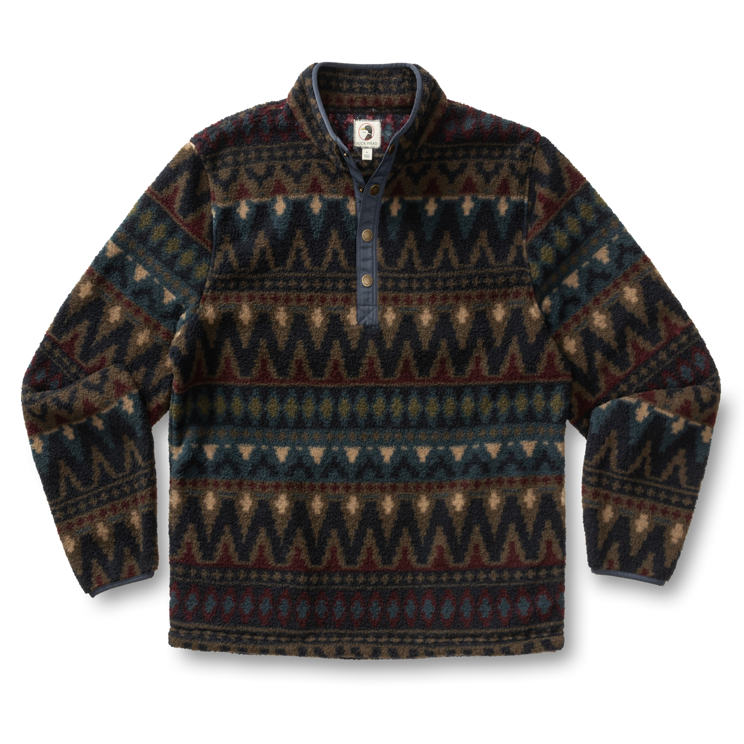 The Pineview Fleece 1/4 Snap Pullover by Duck Head features a patterned dark design, buttoned collar, and geometric motifs—ideal for camping or layering on cool hikes.