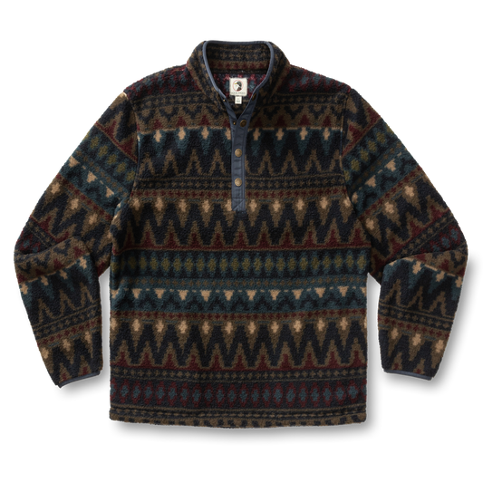 The Pineview Fleece 1/4 Snap Pullover by Duck Head features a patterned dark design, buttoned collar, and geometric motifs—ideal for camping or layering on cool hikes.