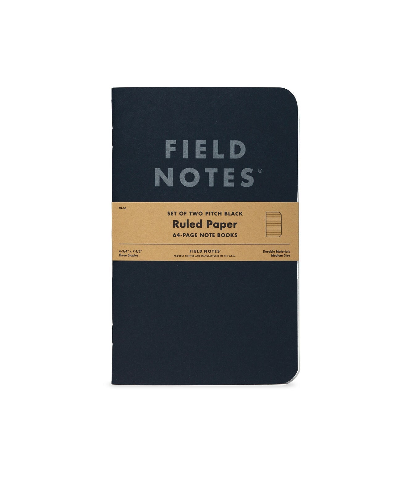 The Field Notes Pitch Black Notebook 2-Pack features two 64-page ruled notebooks, wrapped with a brown band—ideal for those who appreciate classic style and Dot-Graph layouts.