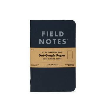 The Field Notes Pitch Black Notebook 3-Pack includes three 48-page memo books with dot-graph paper, each wrapped with a tan paper band.
