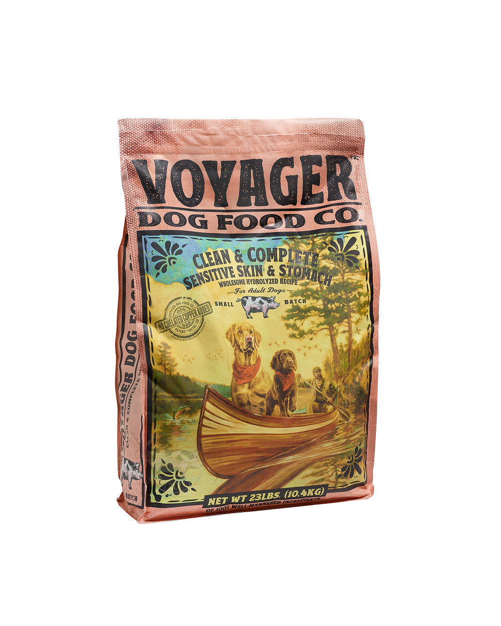 A 23 lb (10.4 kg) bag of Voyager Dog Food Co. "Clean & Complete Sensitive Skin & Stomach," vet-created for sensitive dogs and copper storage disease, featuring canoeing dogs, by Voyager Dog Food Co.