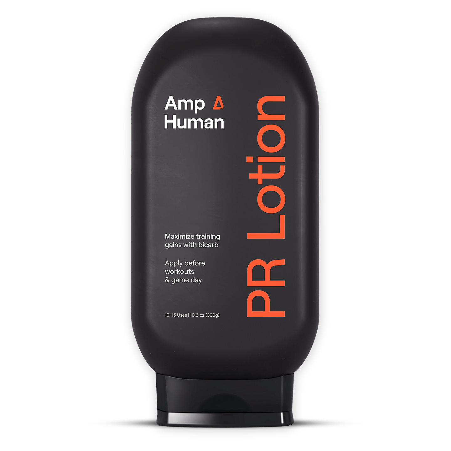 A black tube labeled "PR Lotion® | Momentous" with orange and white text, highlighting it as a sodium bicarbonate lotion from momentous designed for pre-workout use to maximize training gains and improve training capacity.