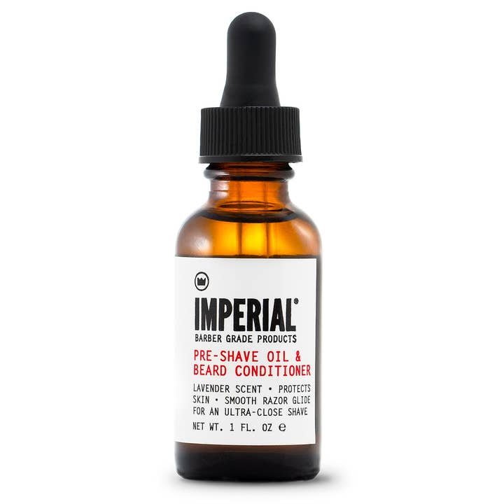 A brown glass dropper bottle labeled "Pre-Shave Oil & Beard Conditioner | Imperial Barber Products" features a black dropper cap and is designed by Imperial Barber Products for superior shave protection and beard conditioning.