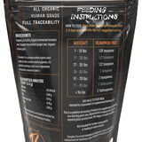 Back of Rogue Pet Feed’s Pumpkin Pro package showing ingredients, guaranteed analysis, feeding guide by pet weight, branding, contact info, and details on organic pumpkin gut support supplement.