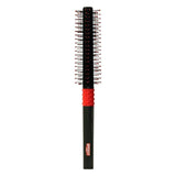 The Uppercut Deluxe Quiff Roller is a black and red hair styling brush with plastic bristles and a textured red grip, perfect for creating voluminous pompadour styles.