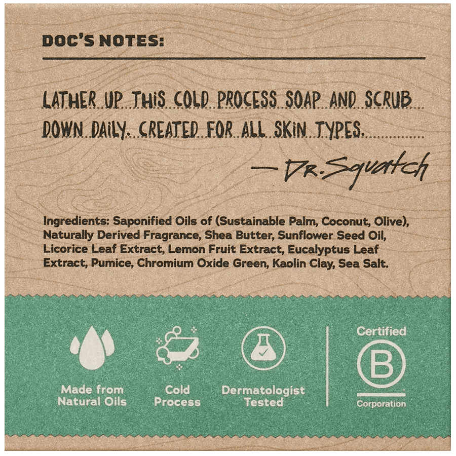 Rainforest Rapids bar soap by Dr. Squatch arrives in brown packaging with product notes, an autograph, natural ingredients, and icons for natural oils and cold process—crafted to refresh your skin. Dermatologist tested and B Corp certified.