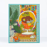 Rainy Day 1,000 Pieces by Birdie Puzzles is an eco-friendly puzzle featuring an illustrated alligator in a sweater reading a book in a vibrant room, crafted from recycled materials.