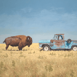 A large bison faces an old blue pickup in a grassy field beneath a clear sky—an evocative fine art scene from the "Relics" collection by Matt Tumlinson.
