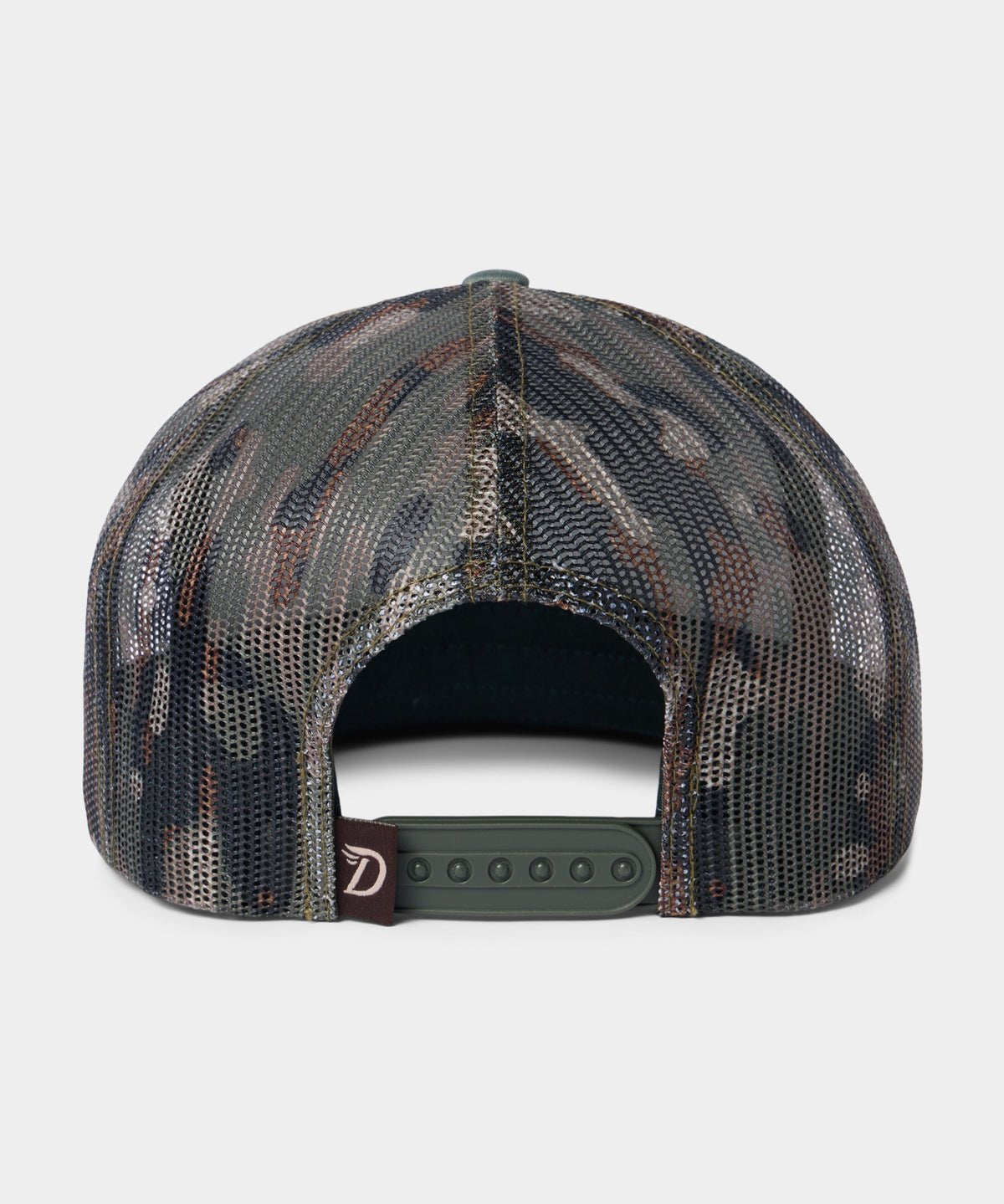The Lucky Deer Hat by Duck Camp is a mesh-back camouflage baseball cap with a green adjustable snapback closure and a small brown tag, shown from the rear.