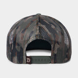 The Lucky Deer Hat by Duck Camp is a mesh-back camouflage baseball cap with a green adjustable snapback closure and a small brown tag, shown from the rear.