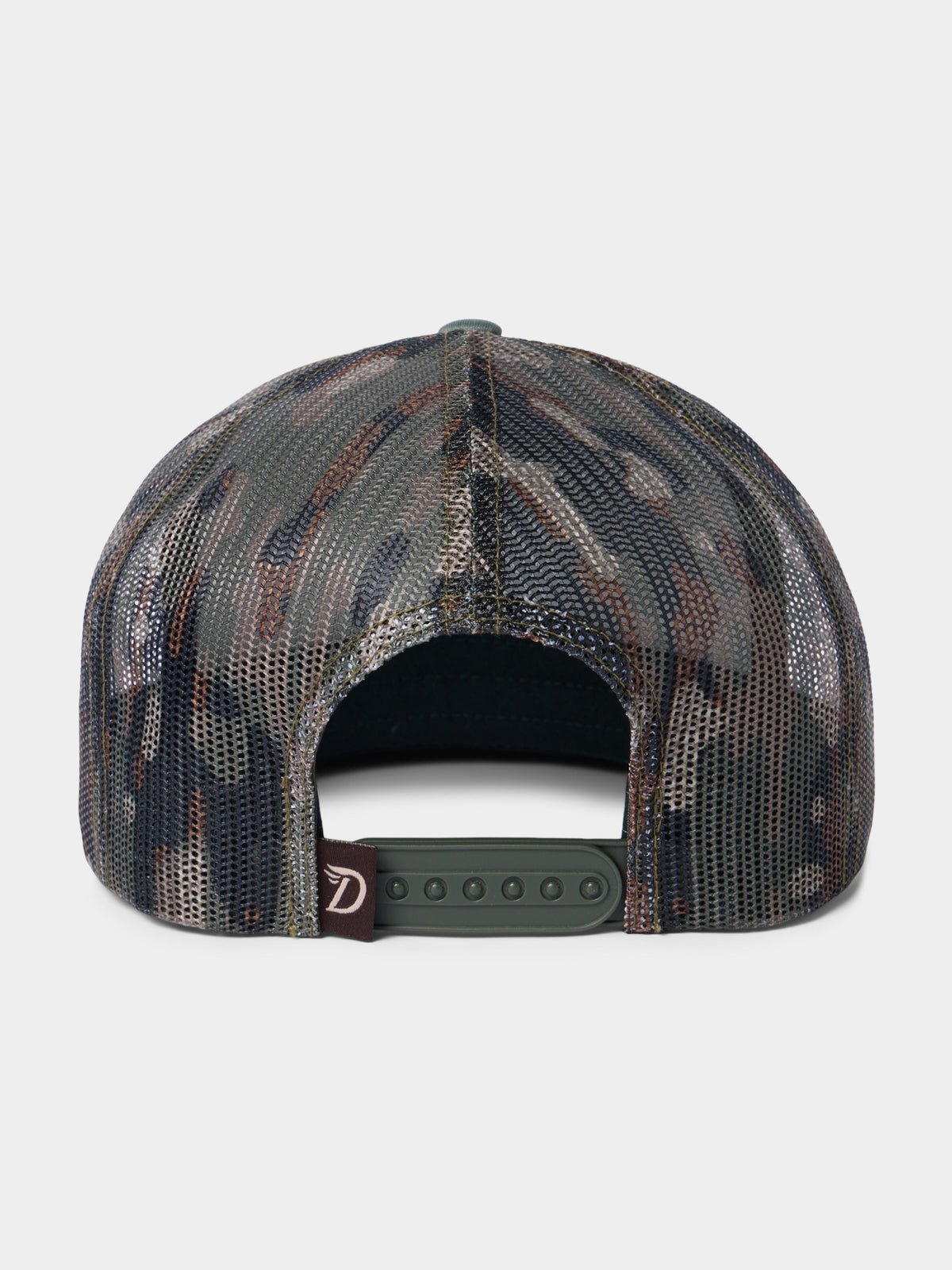The Lucky Deer Hat by Duck Camp is a mesh-back camouflage baseball cap with a green adjustable snapback closure and a small brown tag, shown from the rear.